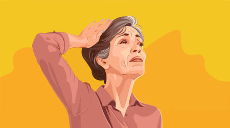 Mature Woman with Itchy Neck on Colorful Backdropのイラスト素材