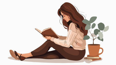 Mature Woman Reading Book in Serenity on White Backgroundのイラスト素材