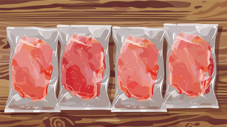 Cartoon Vector Illustration of Meat Packaged in Vacuum-Sealed Bags on a Rustic Wooden Tabletopのイラスト素材