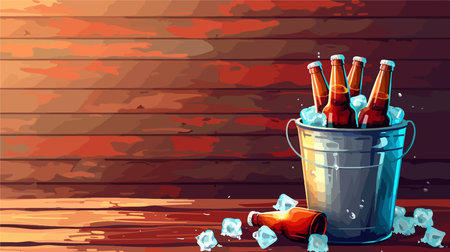 Chilled Beer Bucket with Bottles in Ice on Rustic Wooden Surfaceのイラスト素材