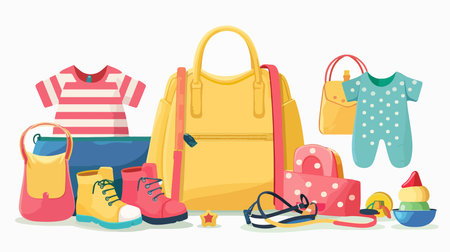 Maternity Essentials: Stylish Bag Packed with Baby Clothes and Accessories for Newbornsのイラスト素材
