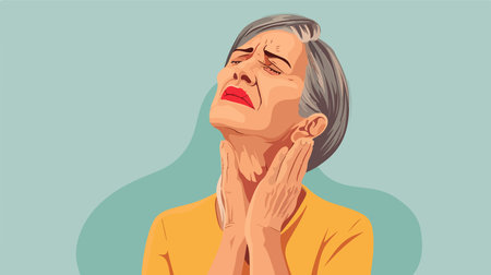 Mature Woman with Itchy Neck on Colorful Backdropのイラスト素材