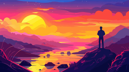 Man Finds Tranquility in Nature near the Glimmering River at Sunsetのイラスト素材