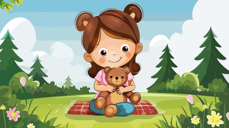 Charming Little Girl Cuddles Teddy Bear on Colorful Plaid Outdoors Sceneのイラスト素材