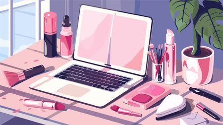 Cartoon Makeup Products and Laptop on a Tableのイラスト素材