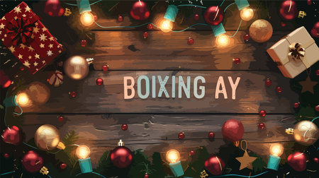 Illuminated Christmas Lightbox Displaying "BOXING DAY" with Festive Decorationsのイラスト素材