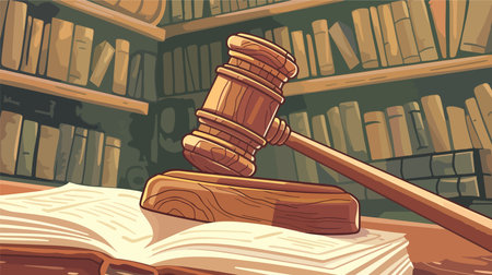 Cartoon Law and Justice Concept with Wooden Gavel and Bookのイラスト素材