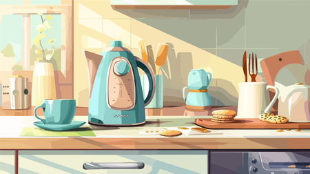 Modern Electric Kettle with Bouquet Cookies and Cups on the Countertopのイラスト素材
