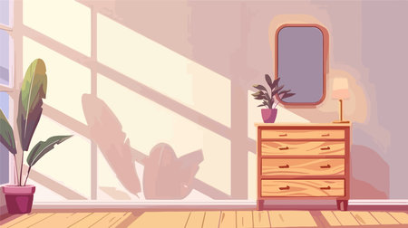 Contemporary Bedroom Interior Featuring Chest of Drawers and Illuminated Mirrorのイラスト素材