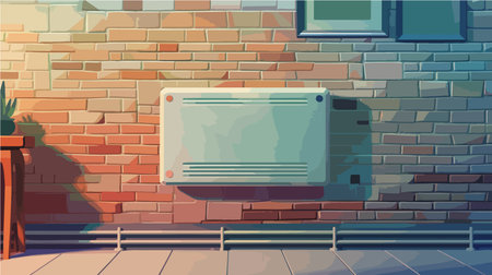 Cartoon Depiction of a Modern Heating Convector Mounted on an Indoor Brick Wallのイラスト素材