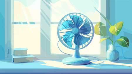 Modern Electric Fan on Window Sill in a Room with Space for Text