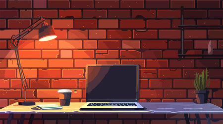 Modern Cartoon Laptop on Table against Brick Wall in Vector Formatのイラスト素材