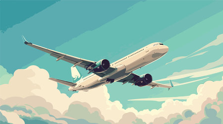 Modern White Airplane Soaring through the Clear Sky with a Bottom Viewのイラスト素材
