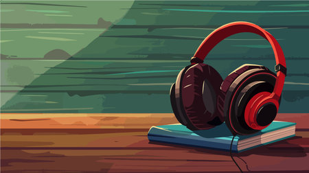Modern Headphones and Hardcover Books on a Wooden Tabletopのイラスト素材