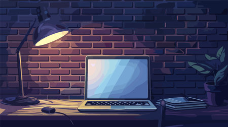 Modern Cartoon Laptop on Table against Brick Wall in Vector Formatのイラスト素材