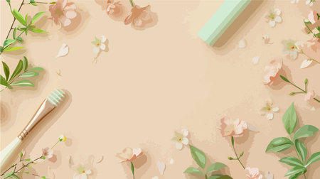 Natural Rose Quartz Face Roller with Floral Arrangement on a Beige Backdropのイラスト素材
