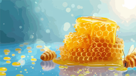 Golden Honeycomb Dripping with Sweet Honey in a Blue Backgroundのイラスト素材