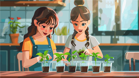 Mother-Daughter Bonding While Planting Seedlings in Plastic Containersのイラスト素材