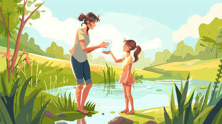 Momma's Loving Hydration for Daughter on a Summer Dayのイラスト素材