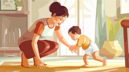 Mother's Loving Embrace Nurtures Baby Boy's First Stepsのイラスト素材