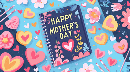 Festive Notebook with Happy Mother's Day Phrase and Decorative Paper Hearts