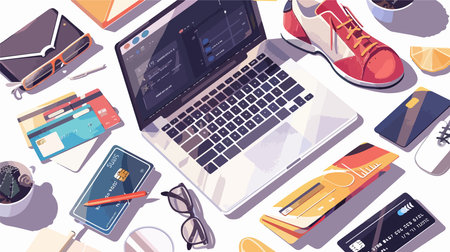 Online Store Website Displayed on a Laptop Screen in a Modern Workspaceのイラスト素材