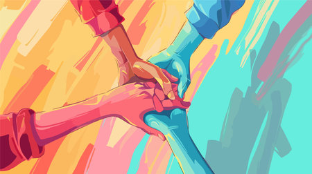 Cartoon Illustration of People Holding Hands for Unity and Supportのイラスト素材