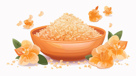 Orange Sea Salt in a Bowl Adorned with Flowers on a Pristine White Backgroundのイラスト素材