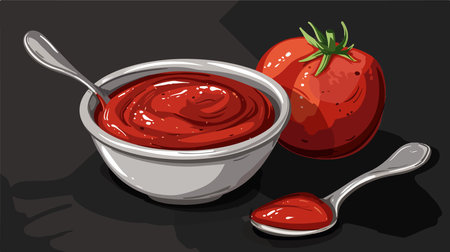 Fresh Organic Ketchup in Bowl with Tomato and Spoon on Black Backgroundのイラスト素材