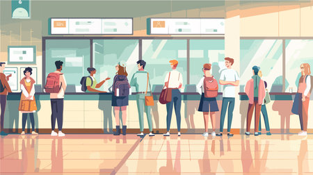 Cartoon Depiction of a Queue Waiting Indoors at a Post Officeのイラスト素材
