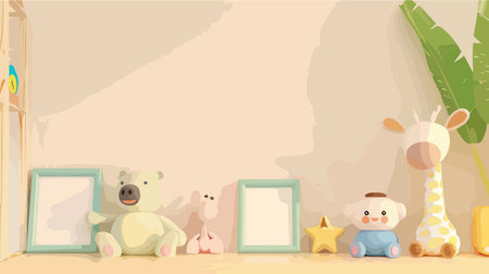 Light and Shadow Play with Photo Frames and Cute Toys on Tableのイラスト素材