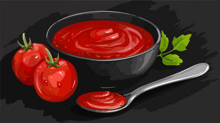 Fresh Organic Ketchup in Bowl with Tomato and Spoon on Black Backgroundのイラスト素材