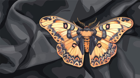 Closeup of a decorative orange and black moth illustration on dark background