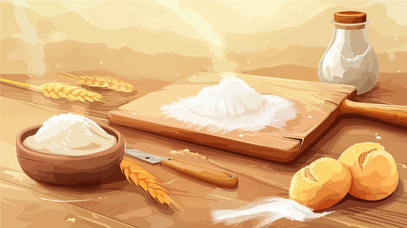 Capturing the Essence of Baking: Parchment, Flour, and Rolling Pin on Rustic Tableのイラスト素材