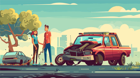 Cartoon Car Owners in Distress with Broken Vehicle and Tow Truckのイラスト素材