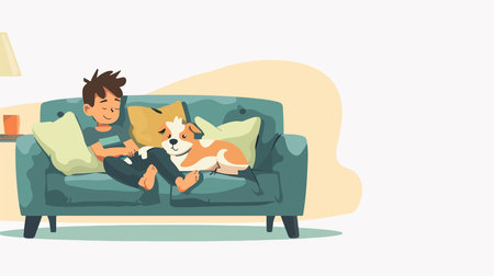 Adorable Boy and His Cute Dog Snuggling on a Comfortable Sofa at Homeのイラスト素材