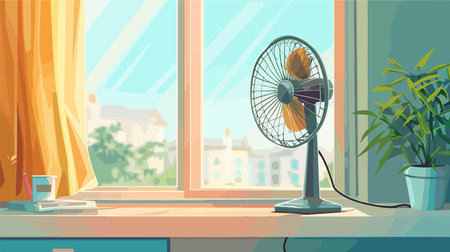 Modern Electric Fan on Window Sill in a Room with Space for Textのイラスト素材