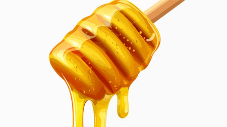 Viscous Golden Honey Dripping from Wooden Dipper onto White Surfaceのイラスト素材
