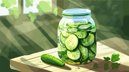 **Close-up of Fresh Cucumbers Preserved in a Pickling Jar on a Light Table**のイラスト素材