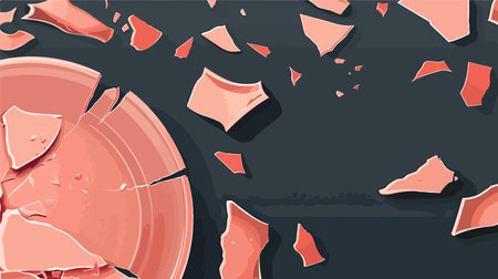 Fractured Pink Ceramic Plate Fragments on a Somber Gray Backgroundのイラスト素材