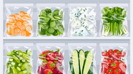 Plastic Bags Filled with Assorted Frozen Vegetables at Zero Degrees Celsiusのイラスト素材