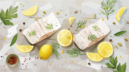Frozen Pieces of Raw Cod Fish with Lemon and Spices on a Light Backgroundのイラスト素材