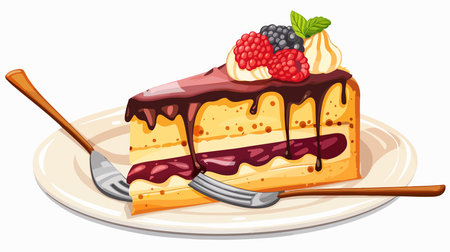 Delectable Napoleon Cake Slice with Jam Drizzle and Silverware Accoutrementsのイラスト素材
