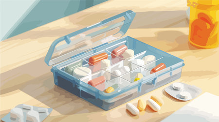 Colorful Plastic Pill Box with Assortment of Medications on a Tableのイラスト素材