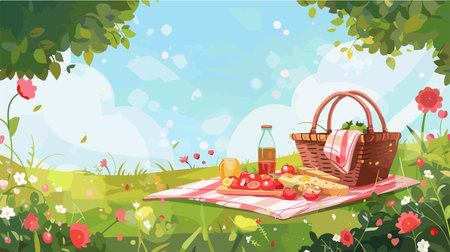 Enchanting Picnic Spread with Vibrant Flowers and Refreshing Ciderのイラスト素材