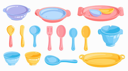 White Plastic Dishware and Cutlery Set for Infants and Toddlersのイラスト素材