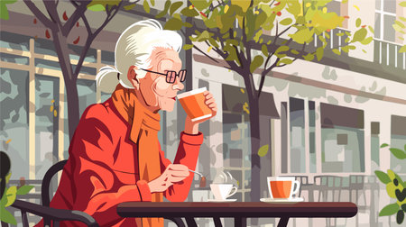 Captivating Portrait of an Elderly Woman Enjoying Coffee in a Serene Settingのイラスト素材
