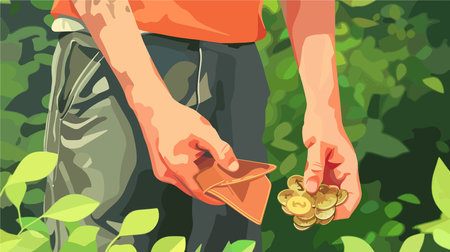 Closeup of hands holding coins and an empty wallet outdoorsのイラスト素材