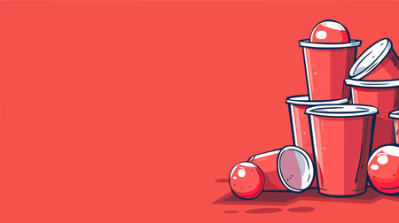 Colorful Plastic Cups with Green Ball Toys Scattered Over a Red Backgroundのイラスト素材