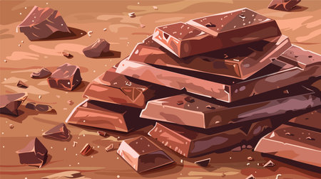 Delectable Chocolate Treat: Broken Pieces on a Wooden Tabletopのイラスト素材